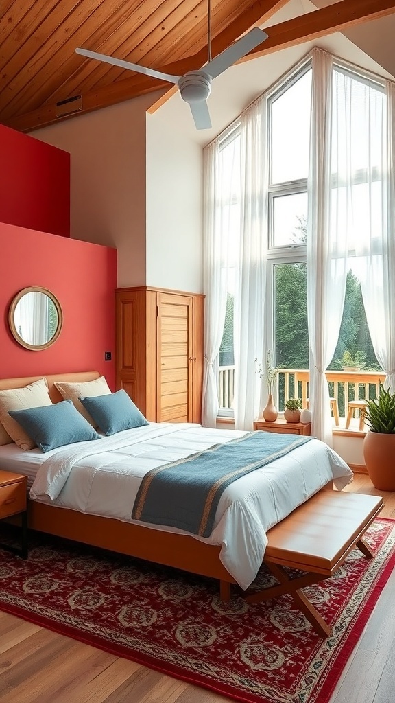 A cozy bedroom featuring a wooden ceiling, red wall, large windows, and stylish decor.