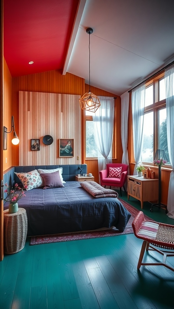 A cozy sauna bedroom featuring a red ceiling, wooden walls, and eclectic furniture.