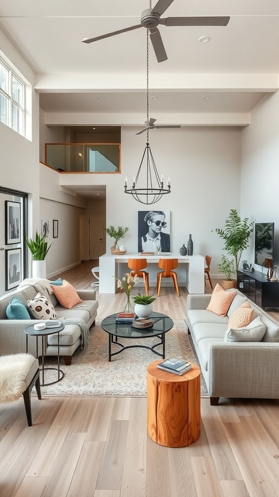 A stylish open concept living and dining room featuring gray sofas, colorful pillows, a wooden accent table, and modern decor.
