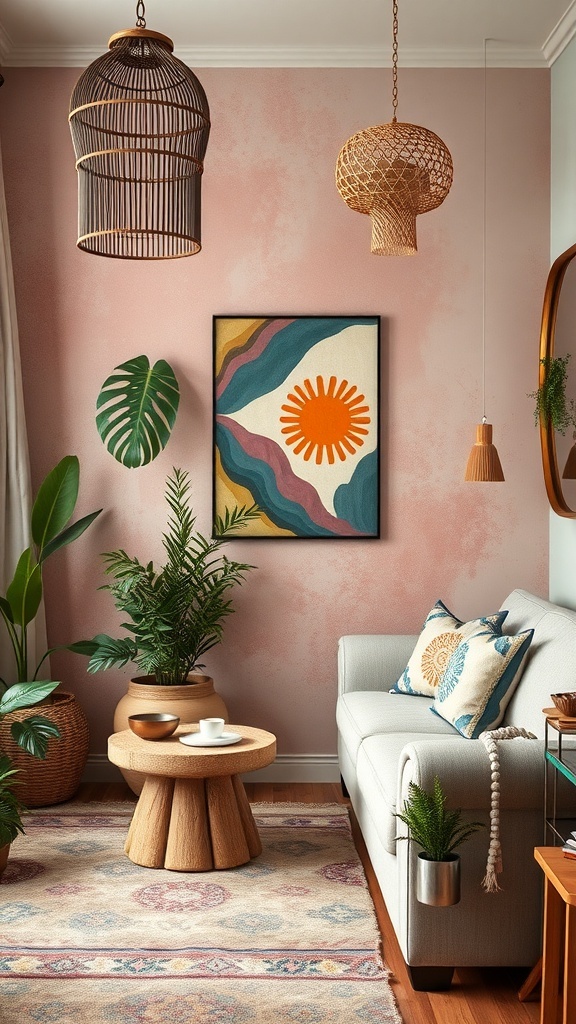 A cozy living room with a pink wall, colorful artwork, plants, and eclectic decor.