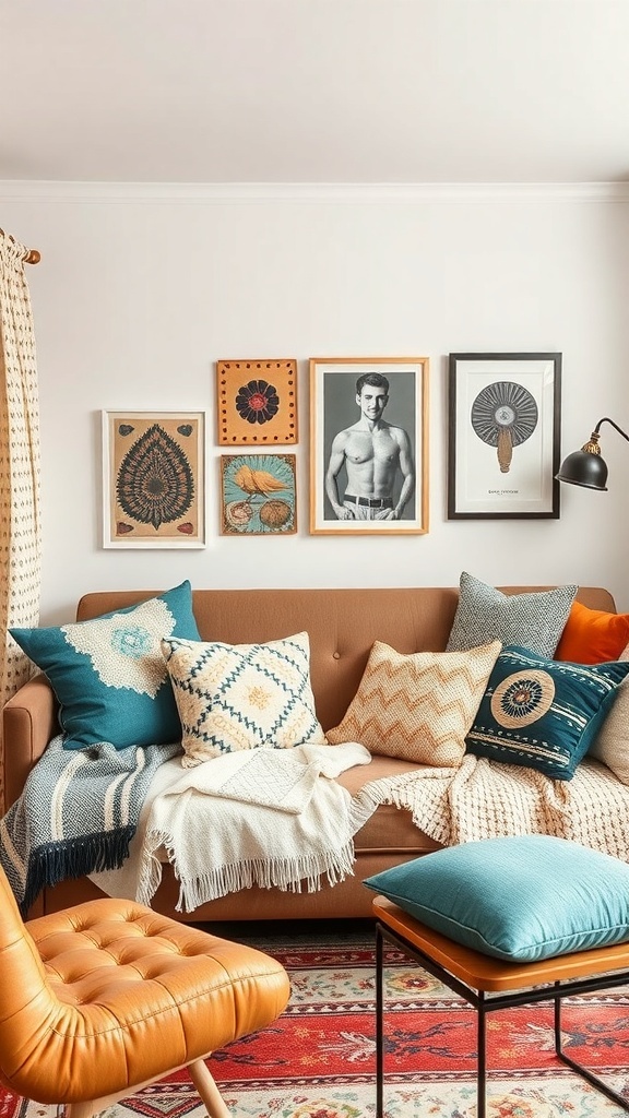 Eclectic living room with a cozy couch adorned with various throw pillows and a blanket.