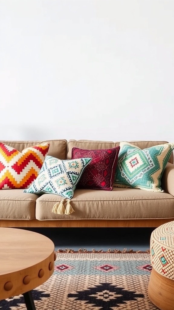 A cozy couch with eclectic throw pillows in vibrant colors and patterns.