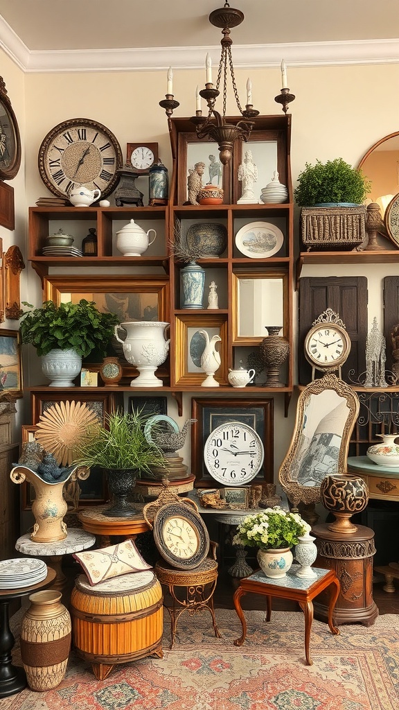A collection of vintage decor items including clocks, vases, and plants arranged on shelves.