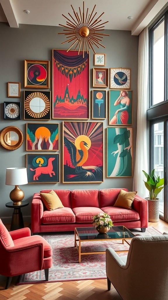 A living room featuring an eclectic wall art display with vibrant jewel tones and geometric designs, complemented by a red sofa and stylish decor.