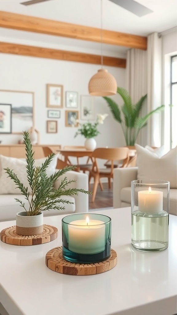 A cozy living room with eco-conscious accessories including candles and a potted plant on a coffee table.