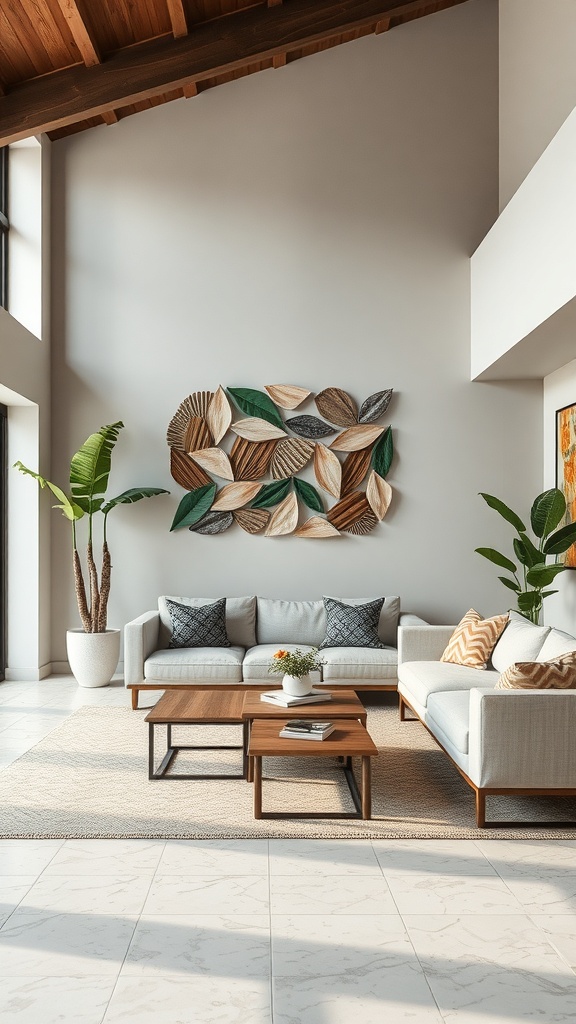 Eco-friendly wall art made from natural materials resembling leaves, displayed in a modern living room.