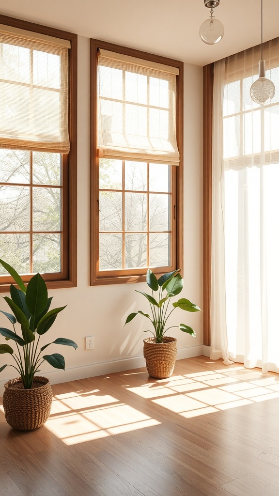 Bright room with eco-friendly window treatments and plants.