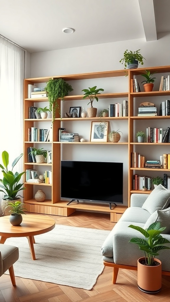 A stylish bamboo bookshelf filled with books and plants in a cozy living room.