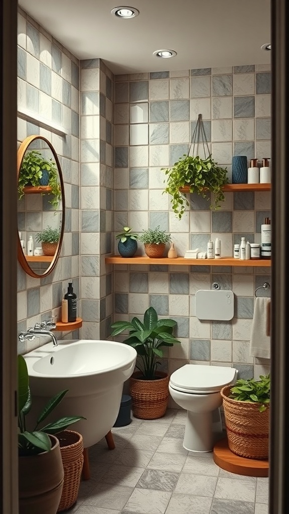 A stylish eco-friendly bathroom with plants, wooden shelves, and natural decor.