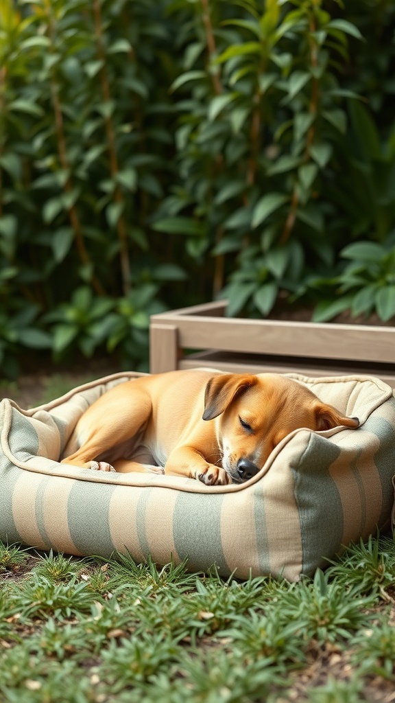 A small dog sleeping in a cozy, eco-friendly dog bed surrounded by greenery.