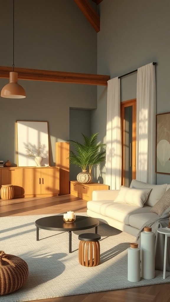 A cozy living room with natural light, featuring eco-friendly candles on a coffee table, surrounded by wooden furniture and plants.