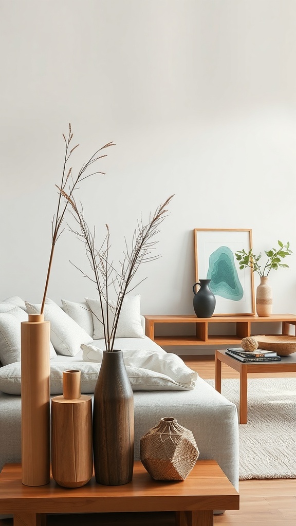 A cozy living room with wooden decor accents and natural elements.