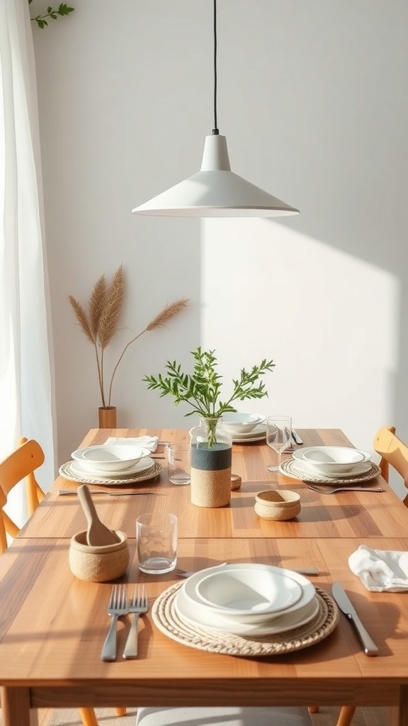 A beautifully set dining table with eco-friendly accessories, featuring a wooden table, white plates, woven placemats, and a vase with greenery.