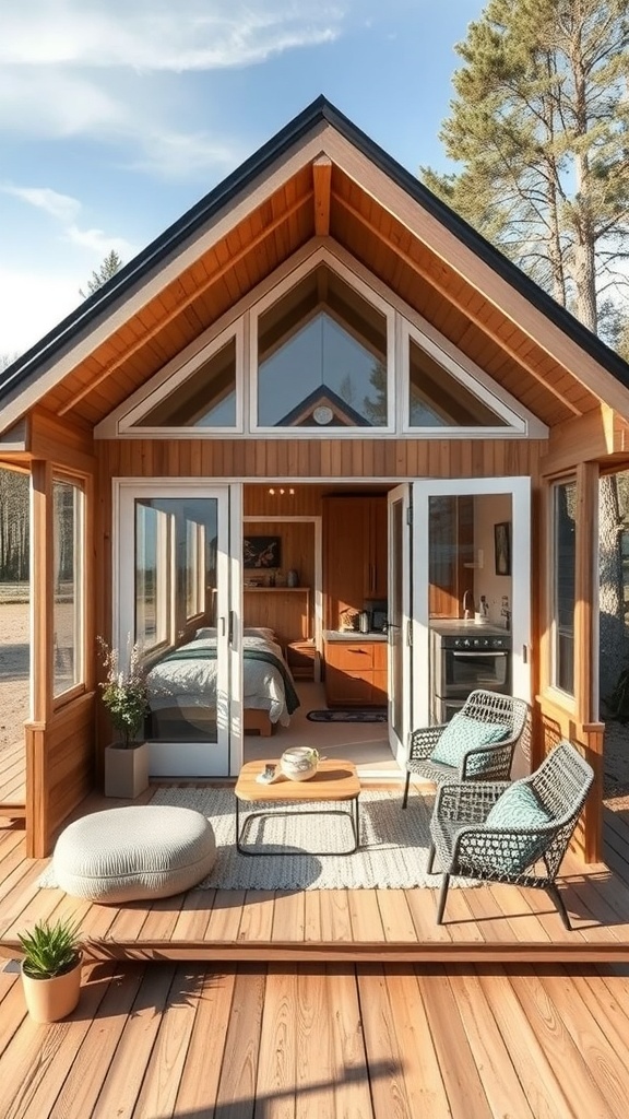 Ein modernes Tiny House mit großen Fenstern und Holzverkleidung, umgeben von Natur.