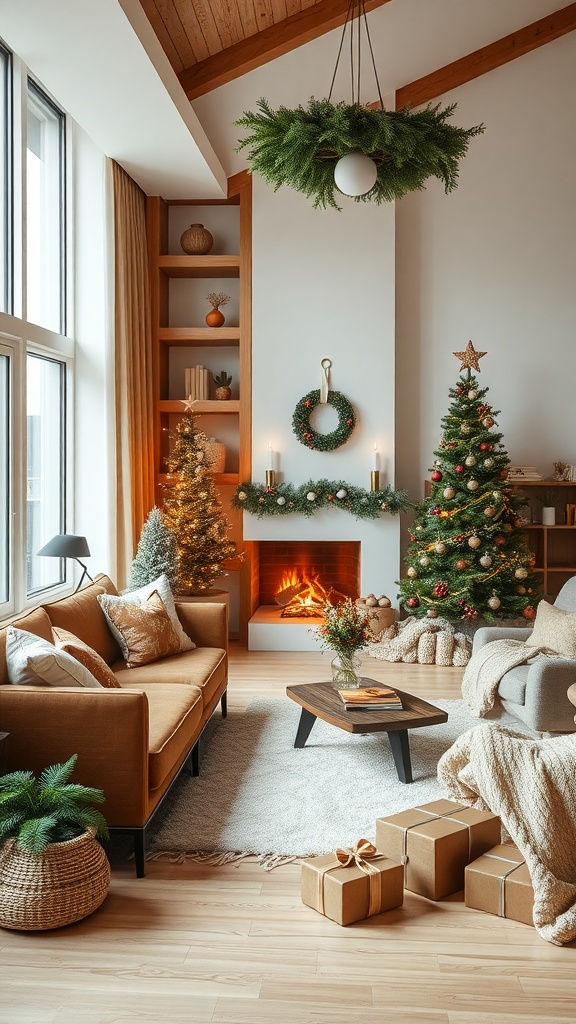 Cozy living room decorated for the holidays with Christmas trees, a fireplace, and natural greenery.