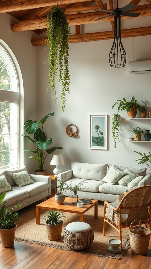 A cozy living room with a gray couch, colorful pillows, wooden coffee table, and hanging plants.