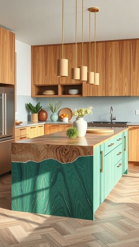 Eco-friendly kitchen island made of sustainable wood materials with modern design elements.