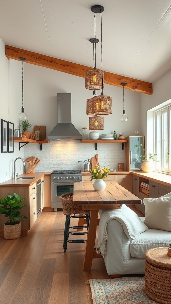 A modern farmhouse kitchen featuring eco-friendly pendant lighting and natural wood accents.