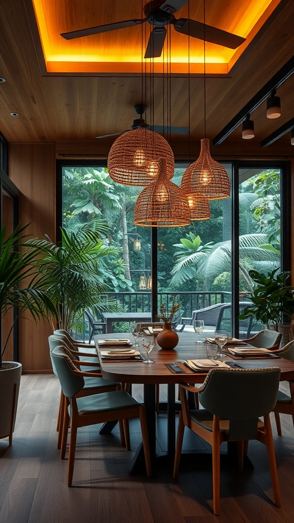 A dining area with eco-friendly lighting featuring woven pendant lights and a wooden ceiling, surrounded by greenery.