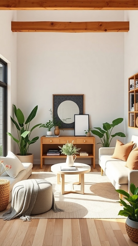 Stylish eco-friendly living room with plants, wooden furniture, and neutral colors.