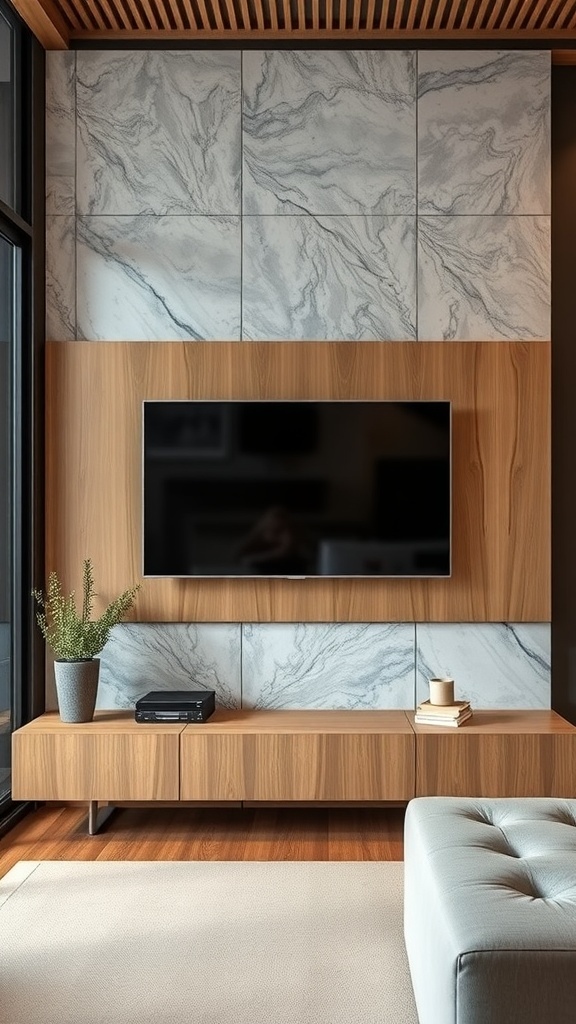 A modern living room with a TV mounted on the wall, featuring a wooden TV stand, a round coffee table, and plants for decoration.