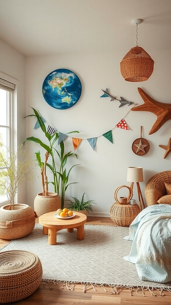 A cozy room with ocean-inspired decor featuring natural materials like rattan and bamboo.