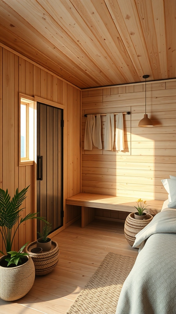 A cozy bedroom sauna featuring wooden walls, plants, and natural materials.