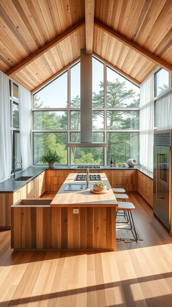 A modern luxury kitchen featuring eco-friendly materials, large windows, and wooden cabinetry.