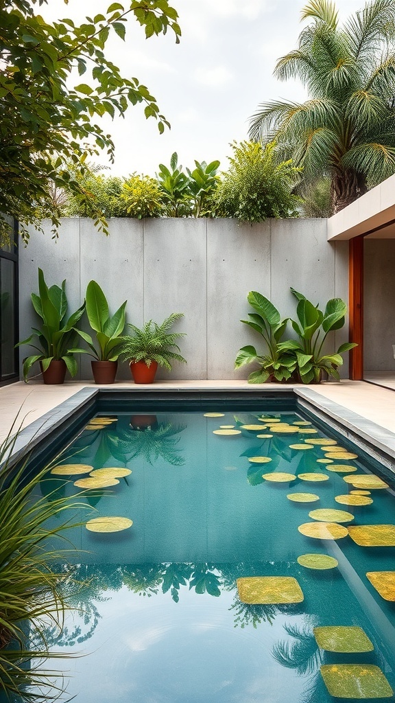 A serene eco-friendly natural swimming pool surrounded by lush greenery and tropical plants.