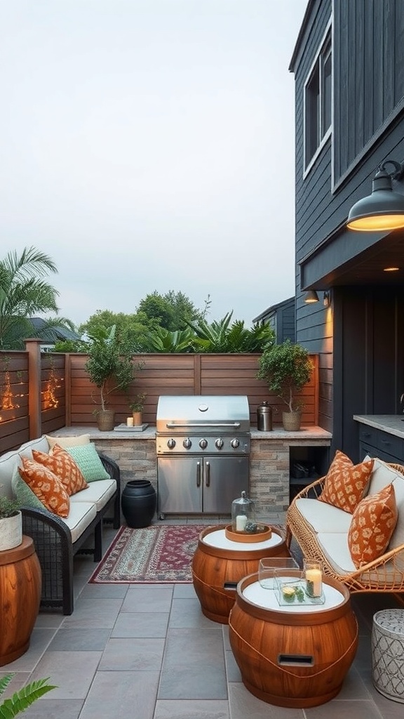 An eco-friendly outdoor grilling corner with a grill, comfortable seating, and plants.