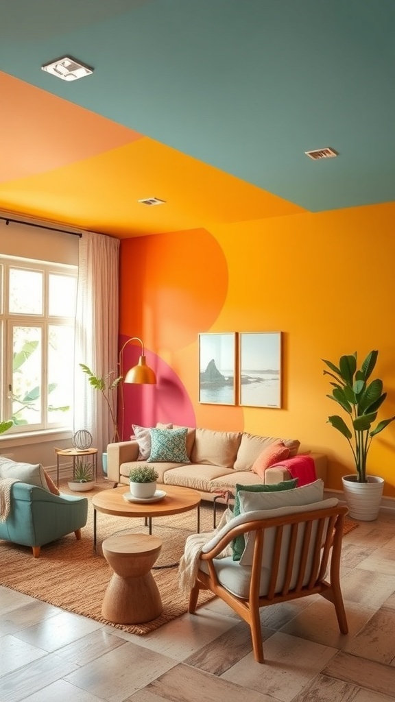 A bright and colorful living room with eco-friendly design elements, featuring playful wall colors and natural decor.