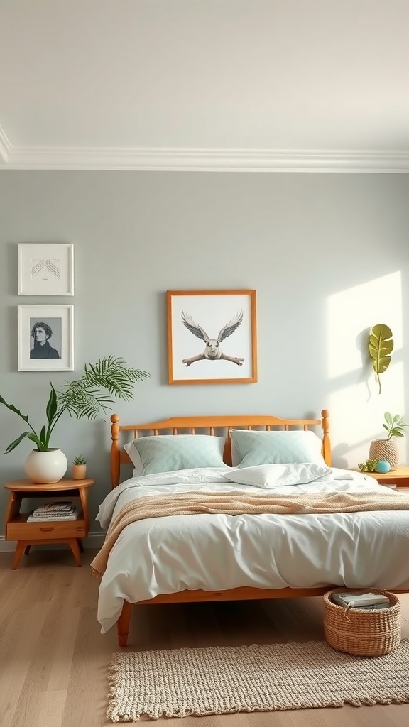 A cozy bedroom with light gray walls, wooden furniture, and plants, showcasing eco-friendly decor.