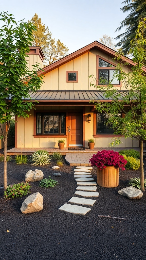 A charming house with warm beige and brown tones, surrounded by lush greenery and colorful flowers.