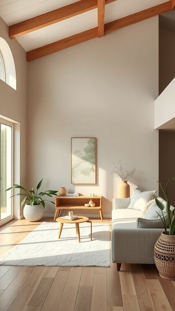 A cozy living room with eco-friendly decor, featuring soft earthy tones, wooden beams, and natural light.