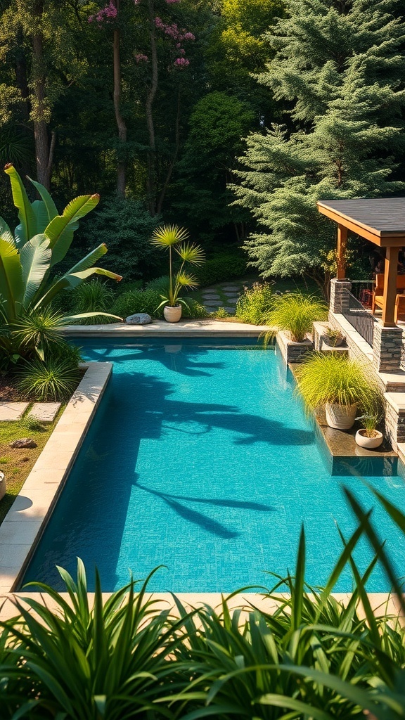 Eco-friendly swimming pool surrounded by lush greenery and natural landscaping.