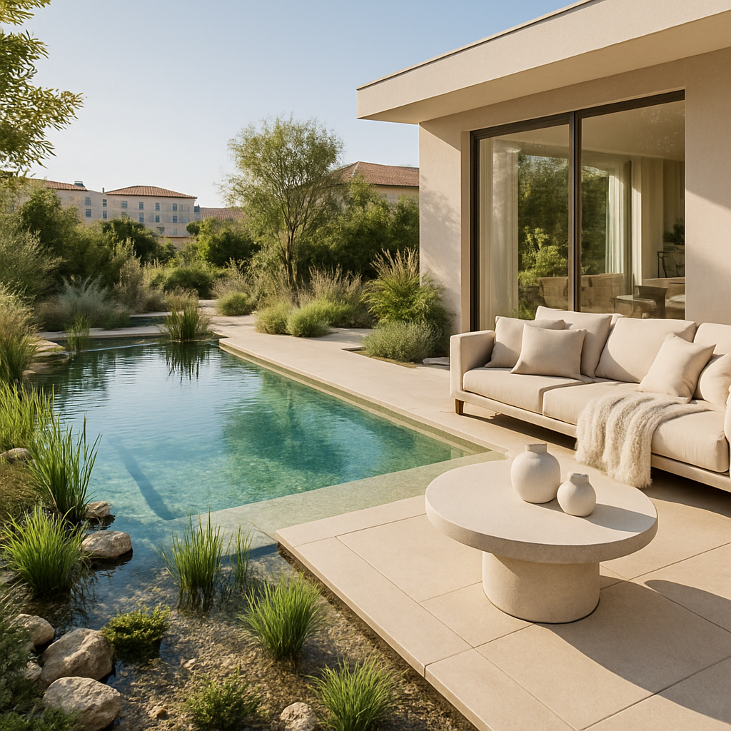 Ein ökologischer Pool mit natürlicher Filtration, umgeben von Pflanzen und einer gemütlichen Sitzecke.