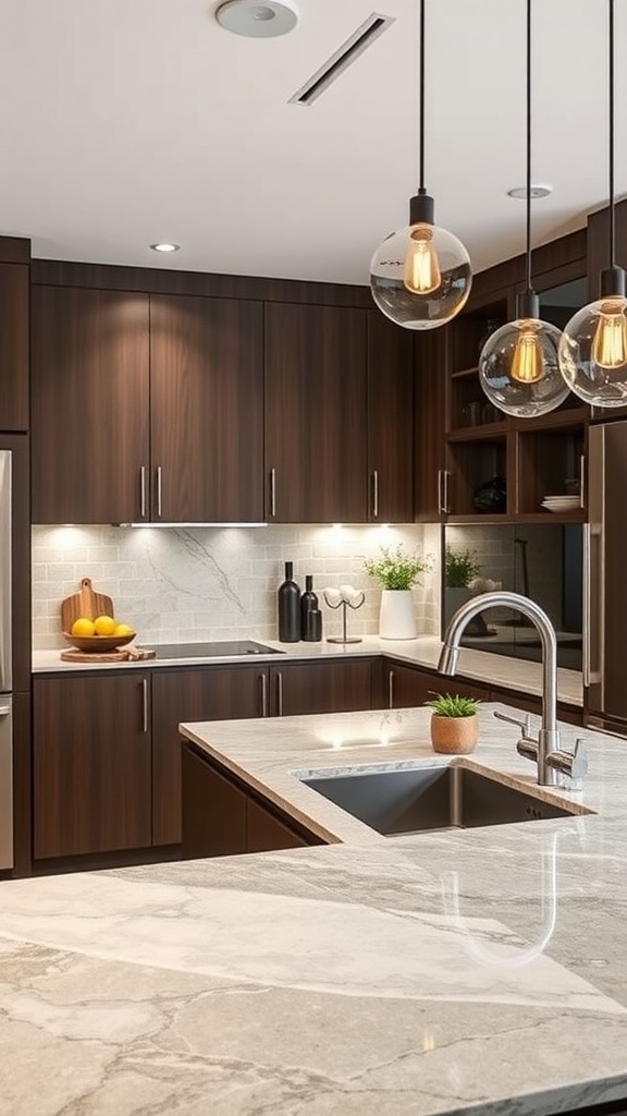 A modern kitchen featuring a sleek recycled glass countertop with a light green hue, stylish lighting, and a cozy atmosphere.