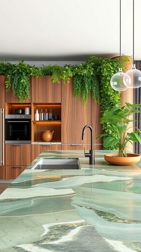 A modern kitchen featuring eco-friendly recycled glass countertops with a vibrant design, surrounded by wooden cabinets and lush greenery.