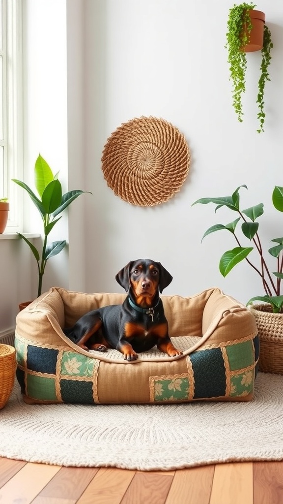 A dog resting in an eco-friendly recycled material bed, surrounded by plants and natural decor.