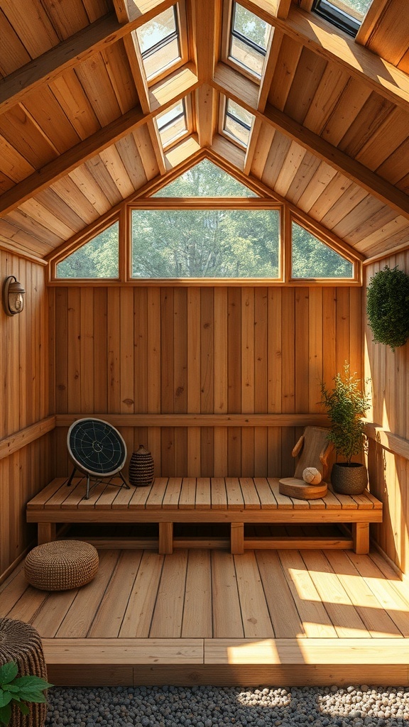 A modern eco-friendly sauna with large windows, wooden interiors, and a cozy atmosphere.