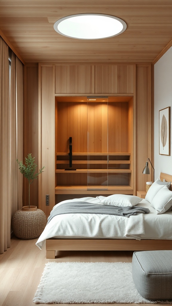 Eco-friendly sauna integrated into a modern bedroom with wooden elements and natural light.