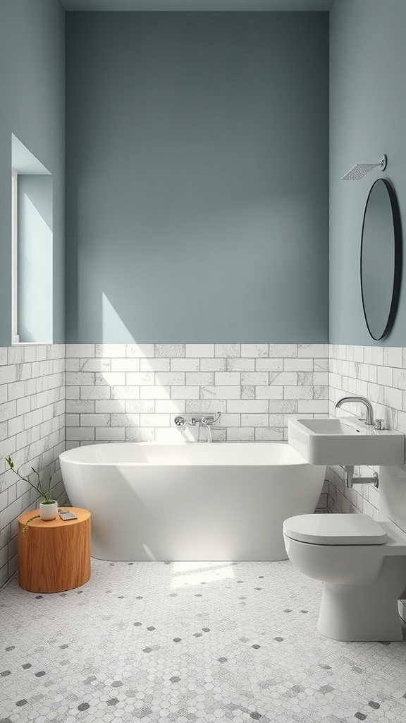 A modern bathroom with eco-friendly hexagonal tile flooring, a white bathtub, and a wooden stool.