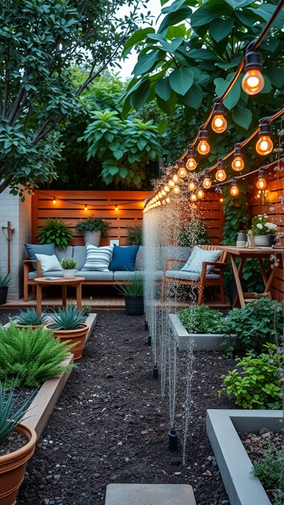 A cozy patio with a watering system and plants.