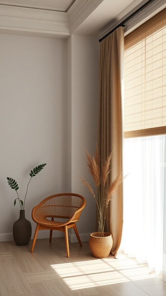 A cozy corner with eco-friendly window treatments, featuring natural materials and decorative plants.