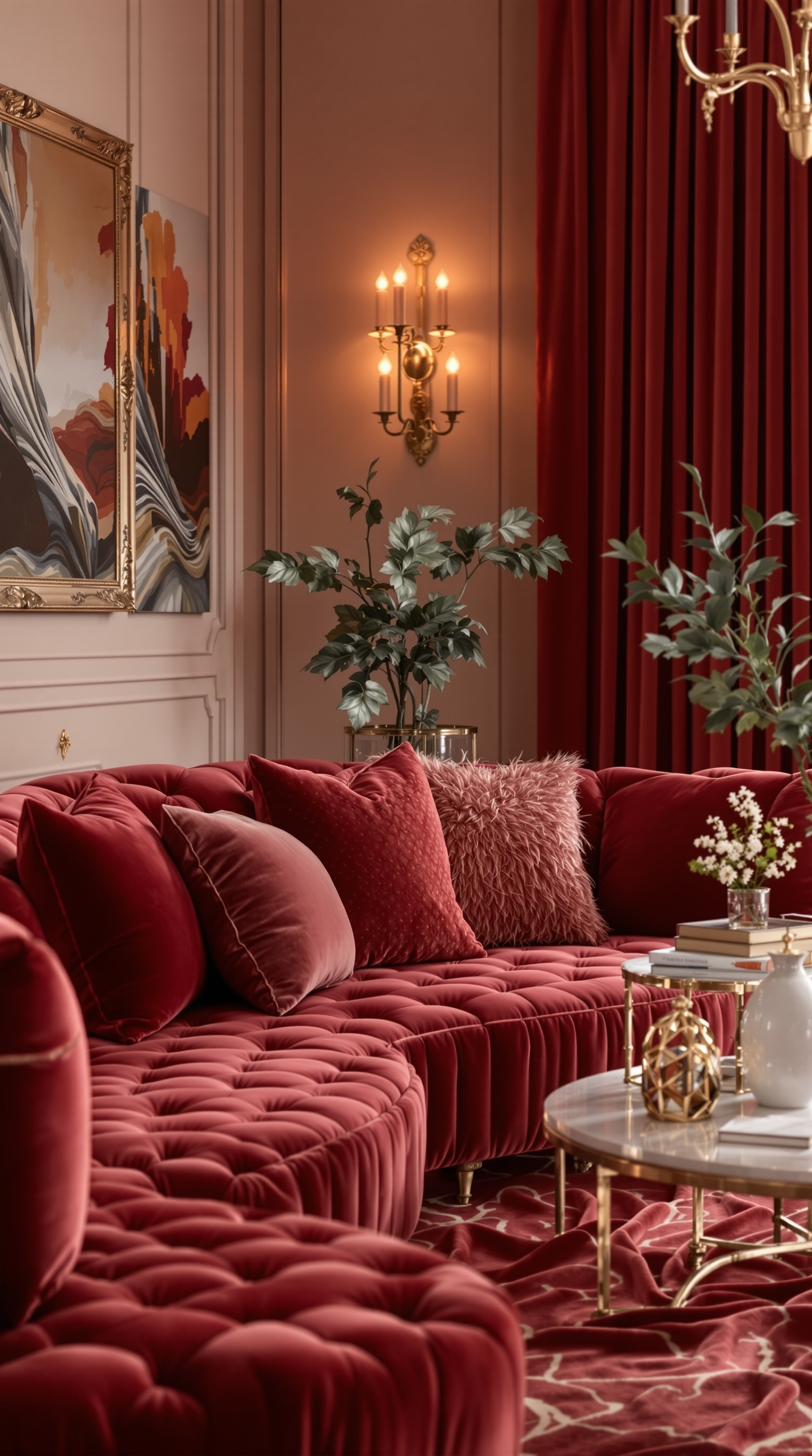Ein luxuriöses Wohnzimmer mit großen Fenstern, eleganten Möbeln und edlen Textilien.