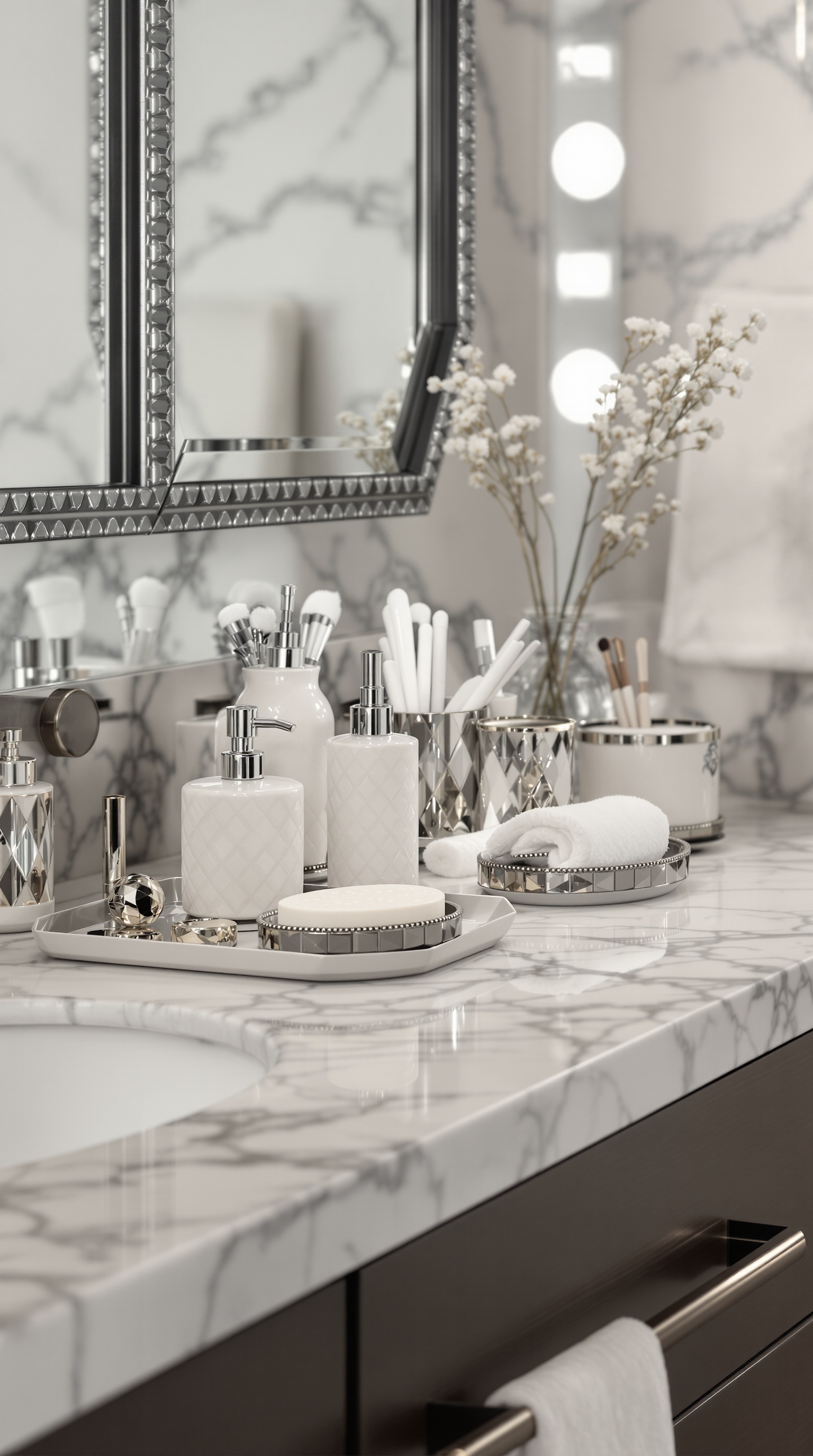 Ein stilvolles Badezimmer mit eleganten Accessoires und einer harmonischen Farbpalette.