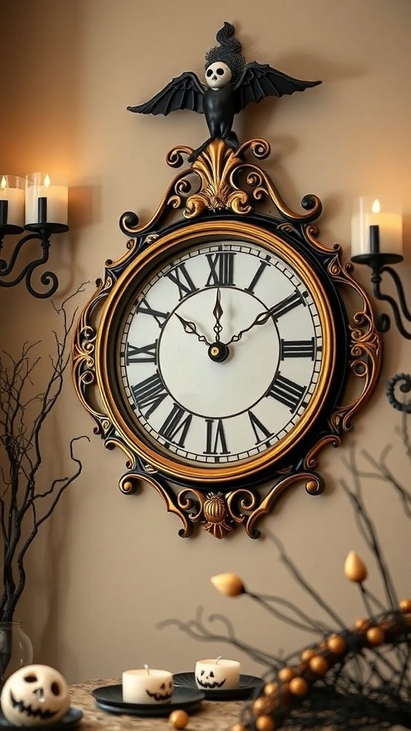 Eine elegante Wanduhr mit einem Fledermausmotiv, dekoriert für Halloween.