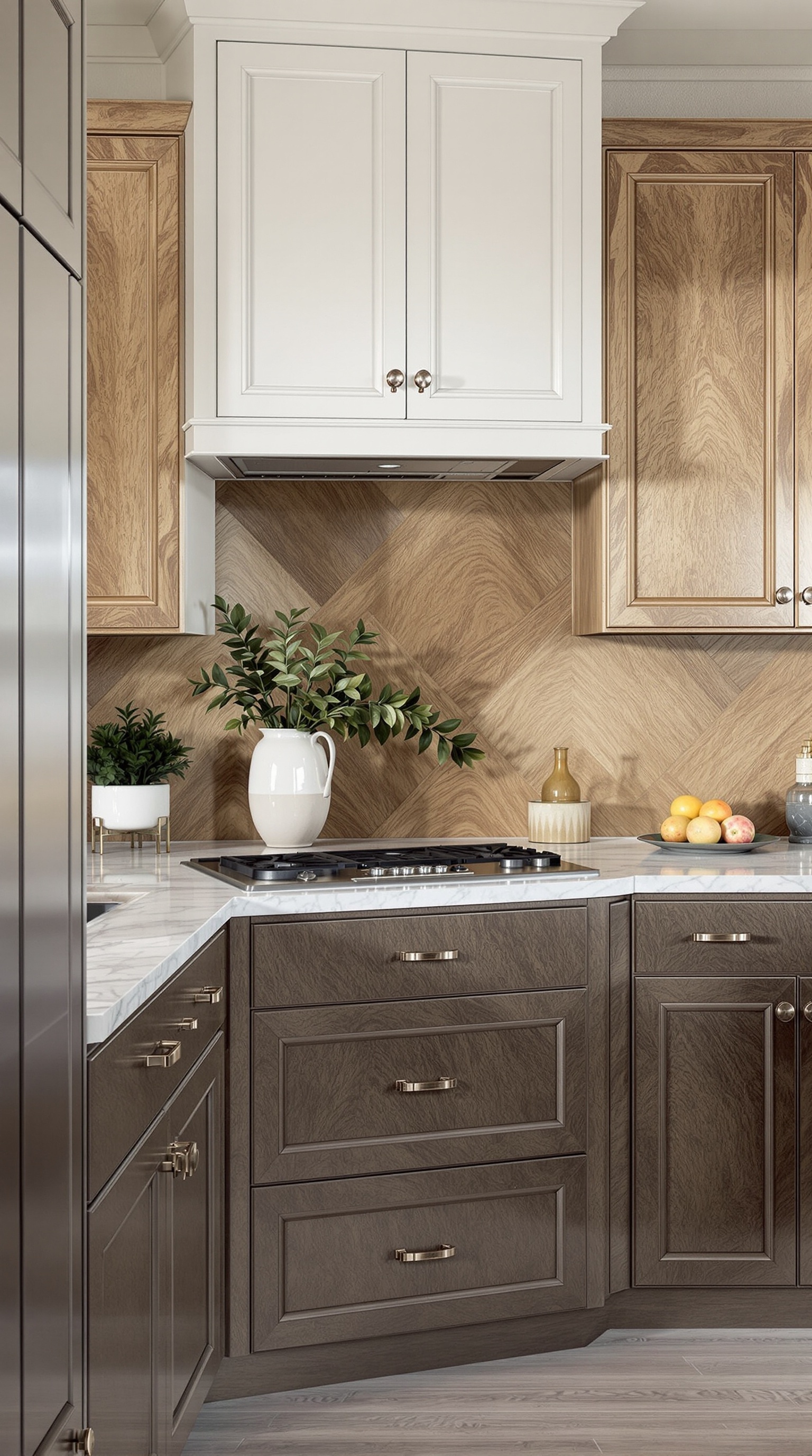 Helle, elegante Küche mit modernen Küchenschränken und goldenen Akzenten