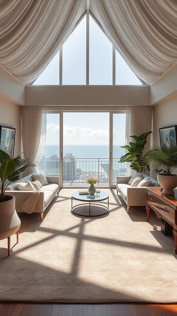 Helles Wohnzimmer mit großen Fenstern, eleganten Sofas und einem weichen Teppich.