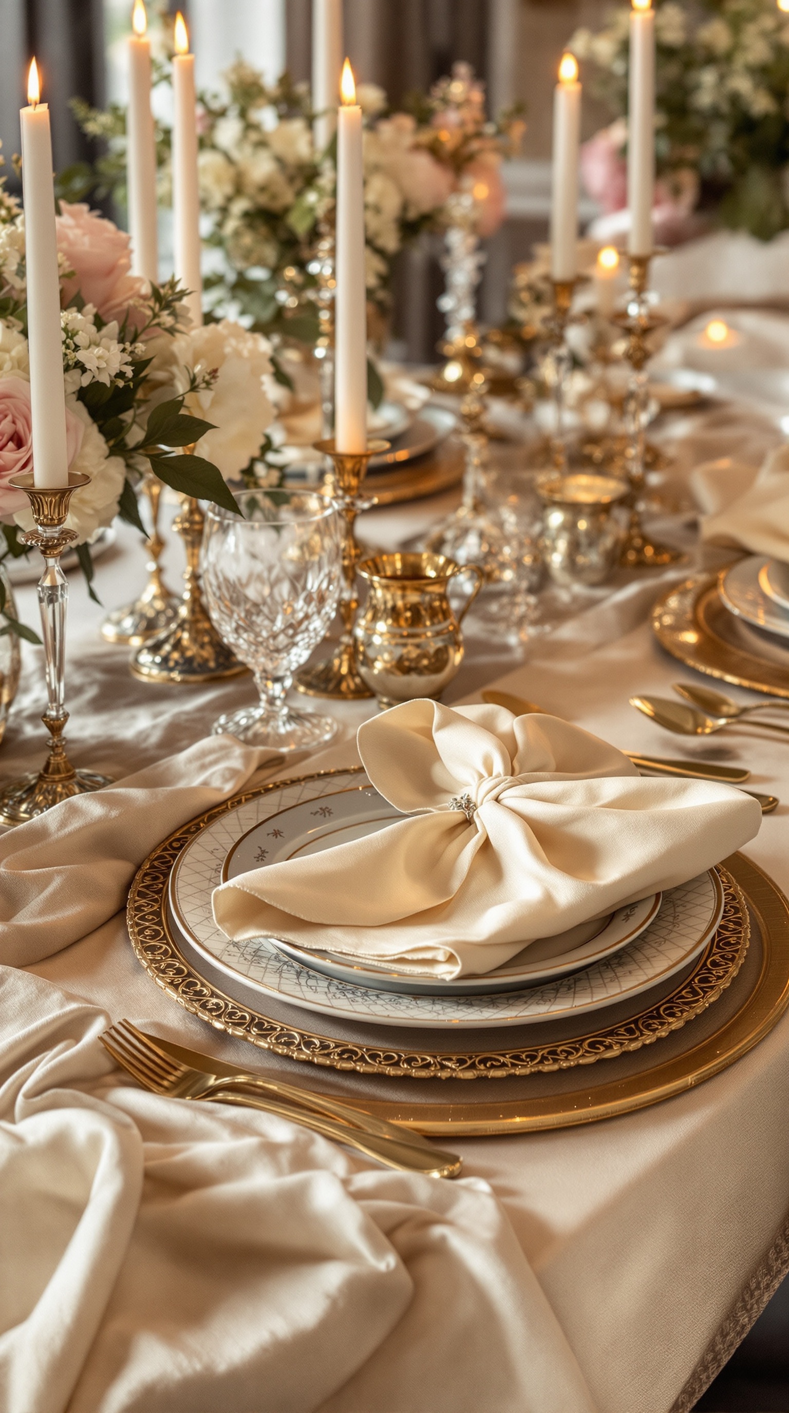 Ein eleganter Esstisch mit stilvollen Stühlen, gedeckt mit feinem Geschirr und Gläsern, umgeben von einem hellen, einladenden Raum.